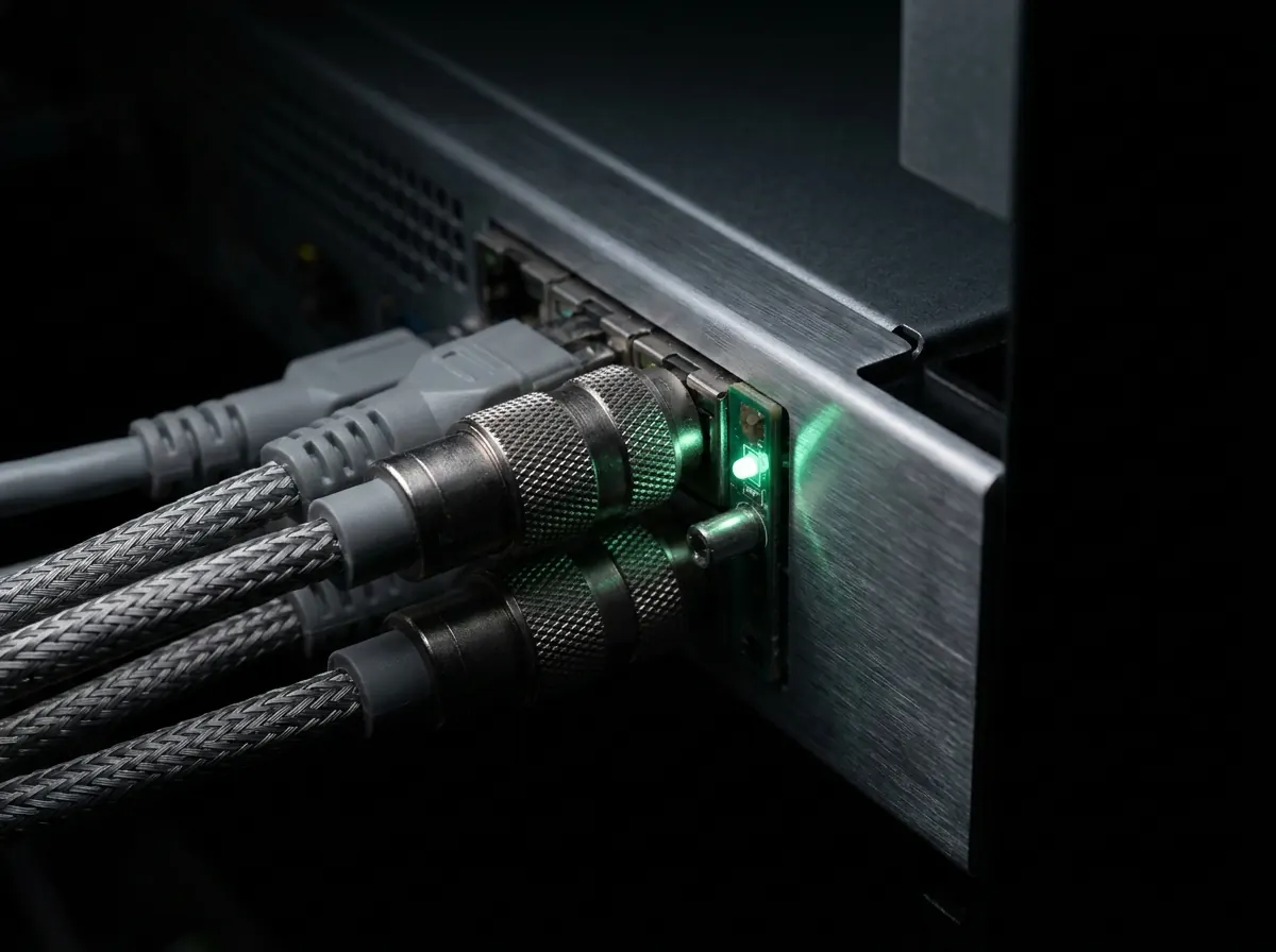 Conectores de datos industriales y cables apantallados enchufados al panel trasero de un servidor, con un piloto verde encendido