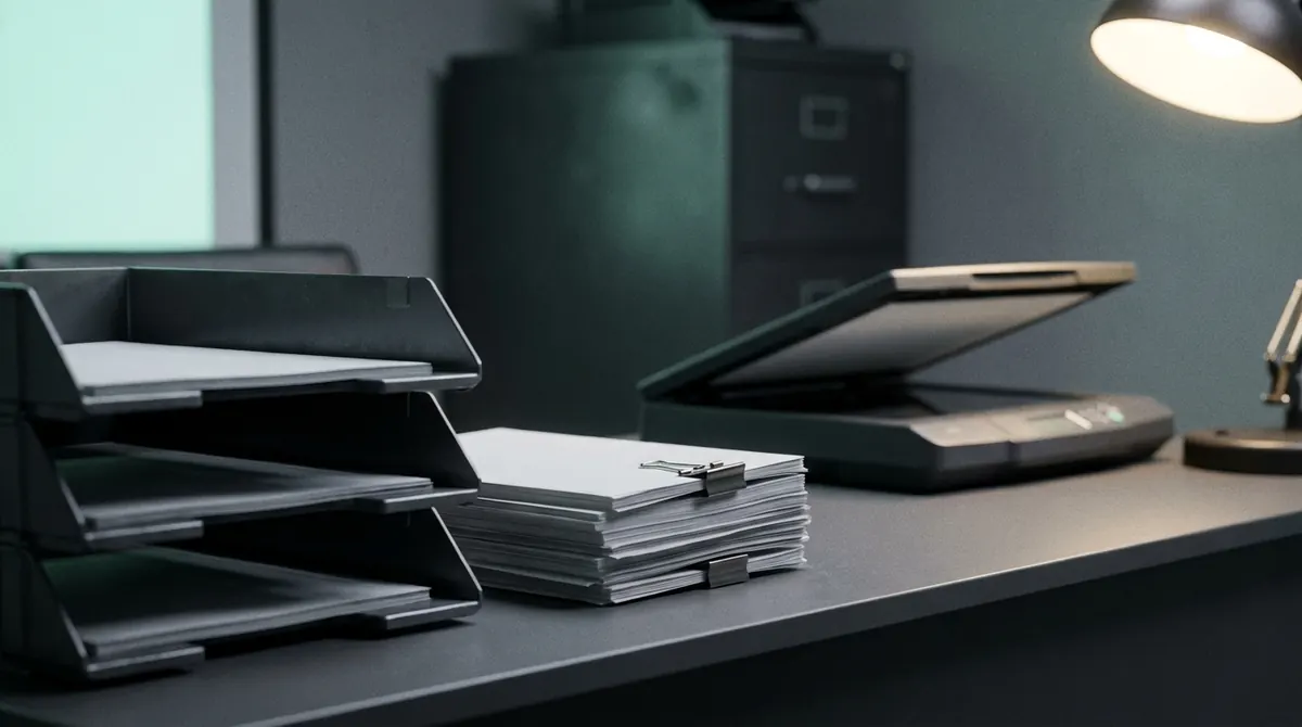 Mesa de administración con bandejas de documentos y un escáner de sobremesa