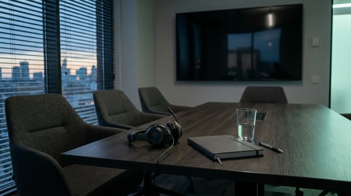 Sala de reuniones vacía con unos auriculares sobre la mesa y la pantalla apagada