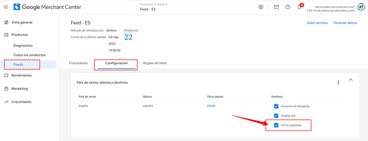 Activación de las fichas gratuitas en Google Merchant