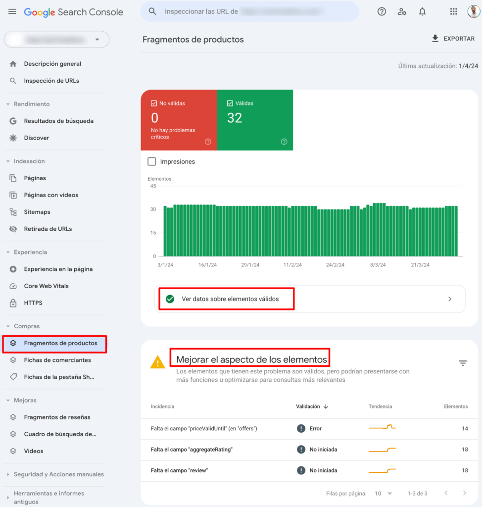 Fragmentos de productos en Search Console