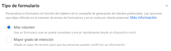 Tipo de formulario en Meta Ads