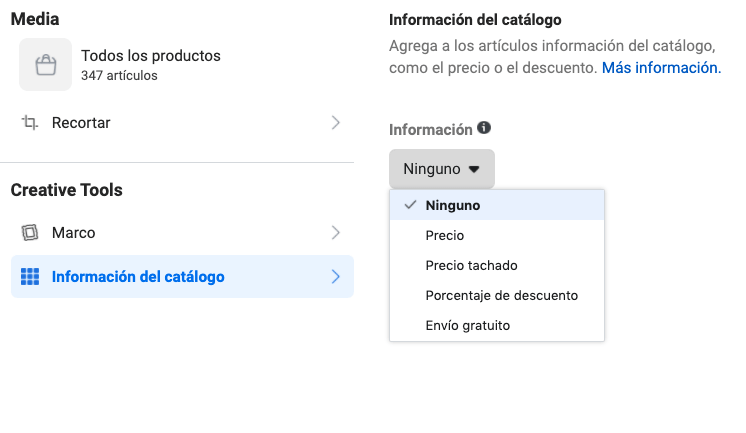 Mediante las herramientas de creatividad de Facebook podemos integrar detalles del inventario o un diseño a la imagen del producto.