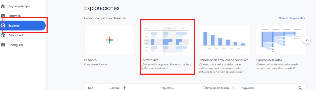 Paso 1: Selecciona estilo libre para informe personalizado en GA4