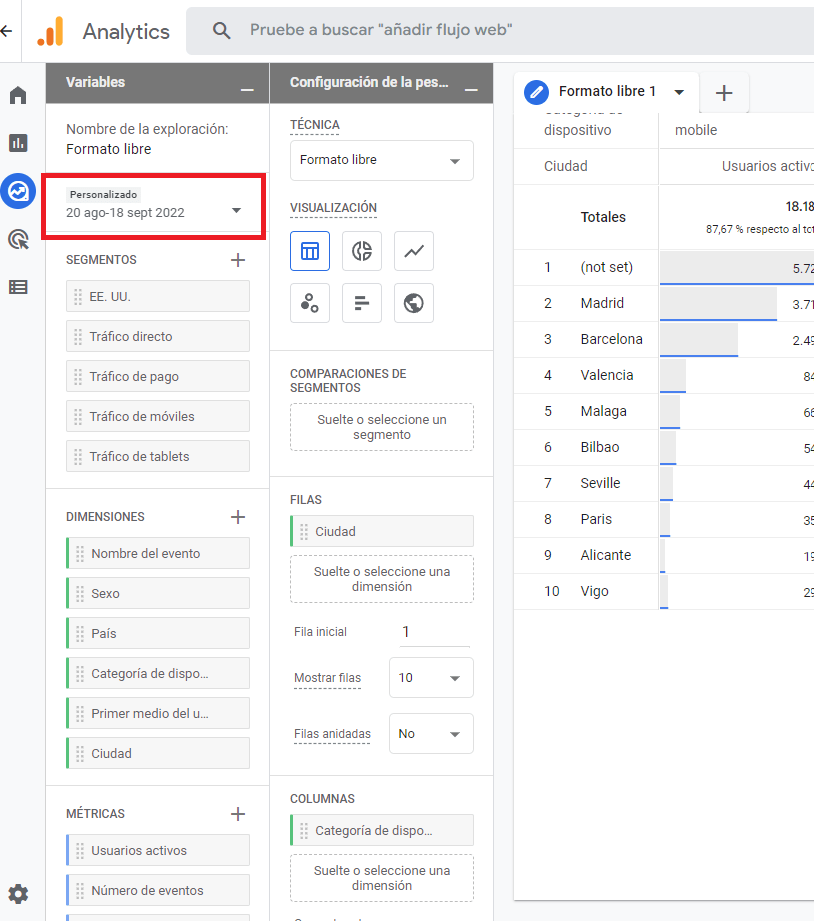 Selector de periodo en informe personalizado GA4