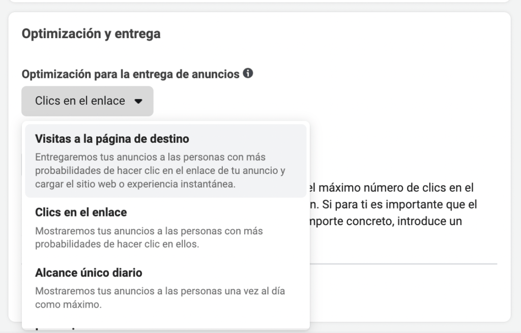 Visualización de las 4 modalidades de optimización proporcionadas por ODAX en Meta para la presentación de anuncios