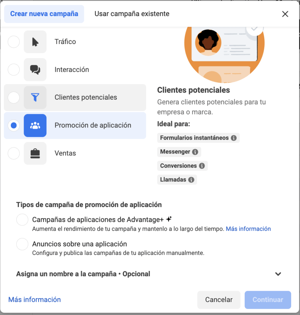 Opciones de configuración de ODAX en Meta cuando el objetivo es promocionar aplicaciones