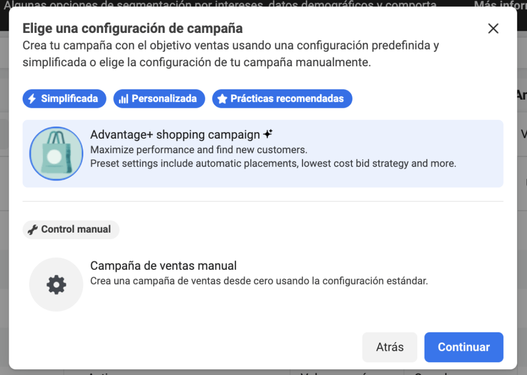 Opciones de configuración de ODAX en Meta cuando el objetivo es ventas