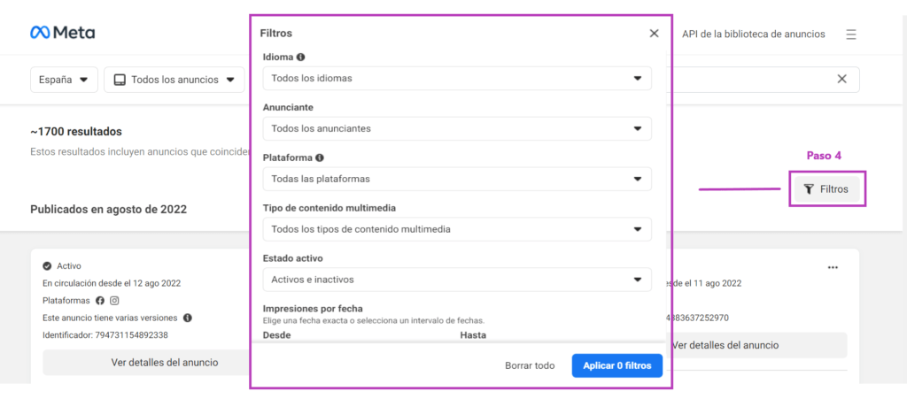Filtros disponibles  en la Libreria de Meta Ads