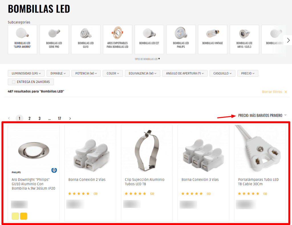 Captura de una tienda de iluminación LED que ejemplifica el tipo de productos que se mostrarían en primer lugar si se ordenaran por Precio: más económicos primero