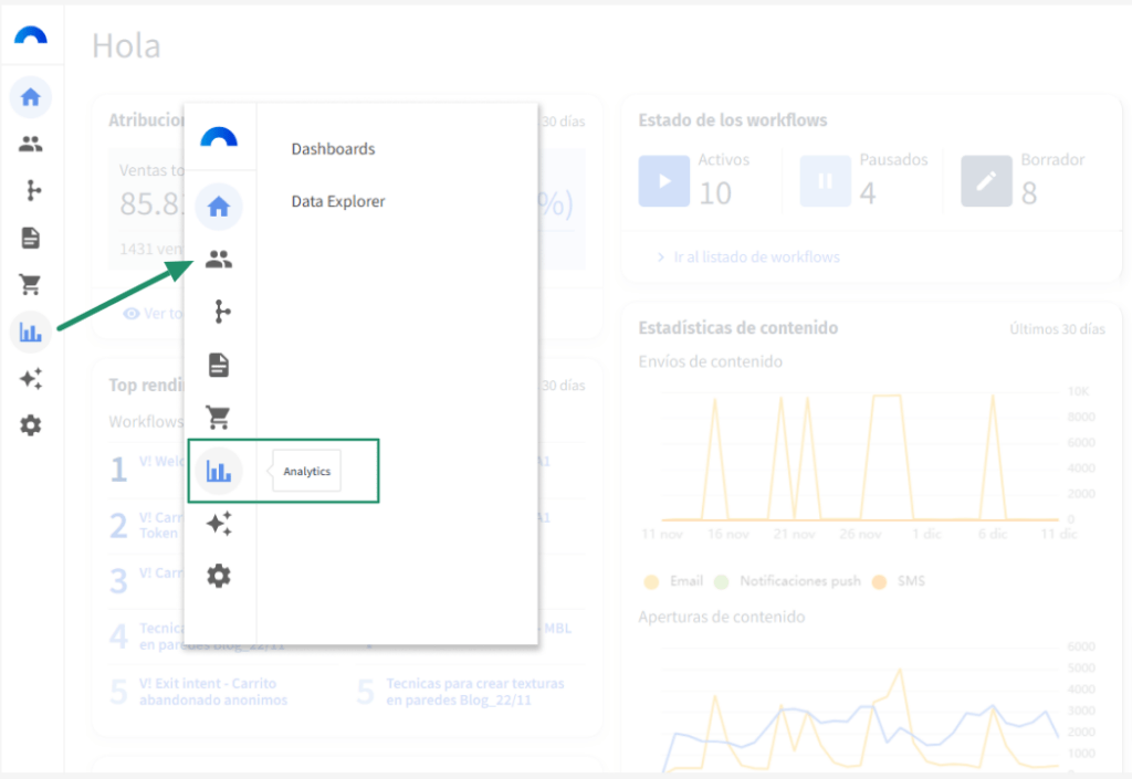 menú en el tablero de inicio de la herramienta de Connectif