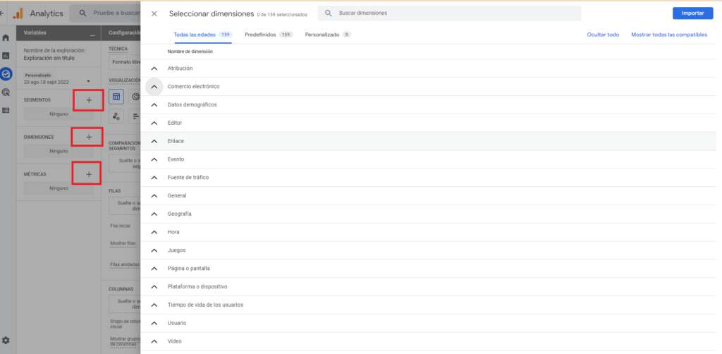 Cómo añadir métricas, dimensiones y segmentos