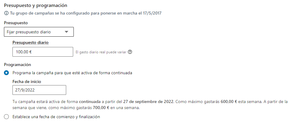 Presupuesto y programación - LinkedIn Ads