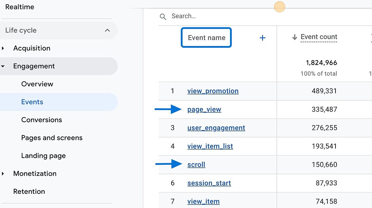 Encuentre estos eventos en la primera columna bajo "Nombre del evento".