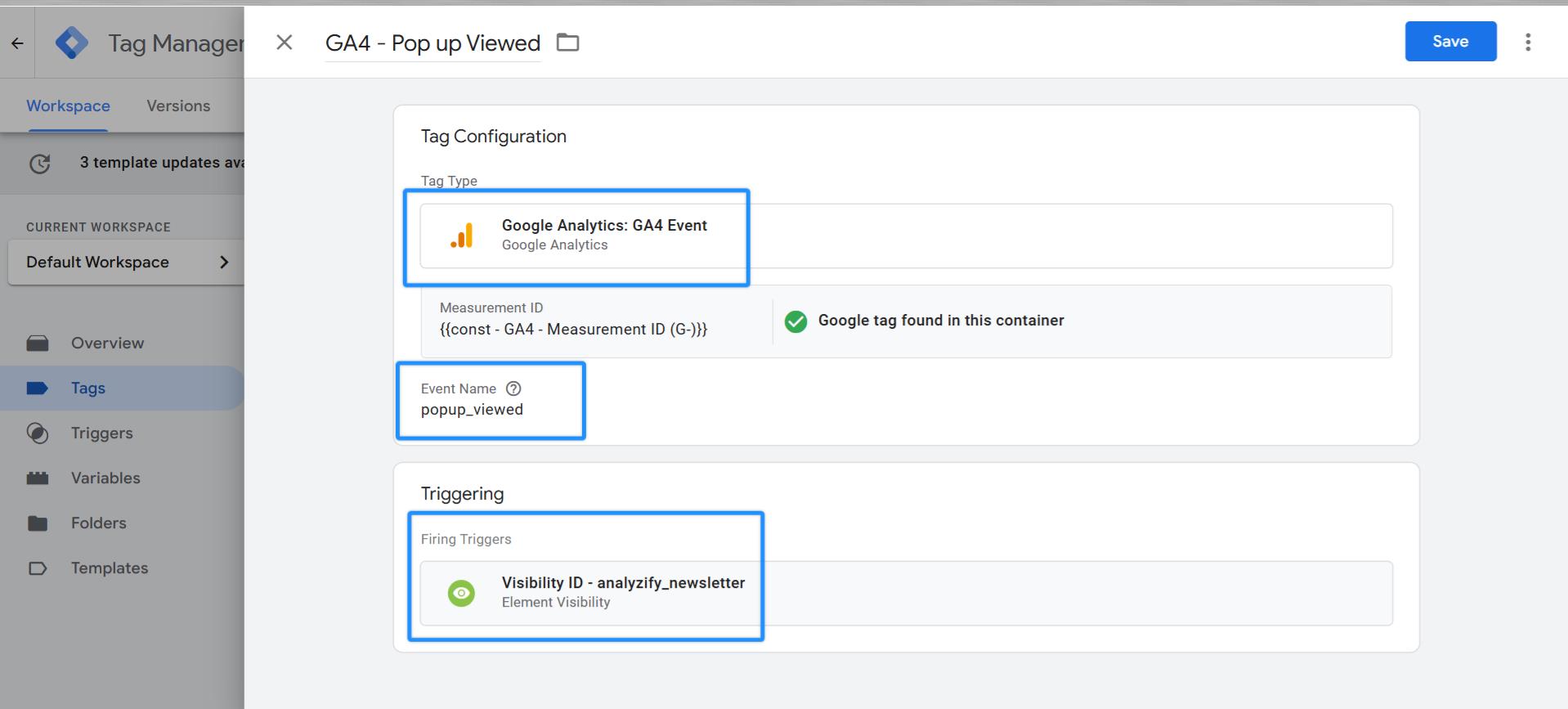 Configure una etiqueta de evento GA4 para vistas emergentes